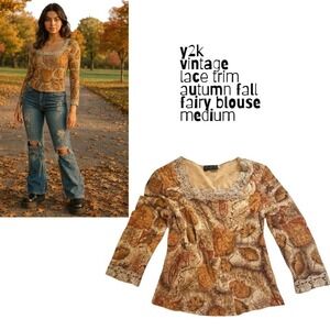 Y2K Vintage Lace Trim Blouse Autumn Fall Fairycore Top Medium‎